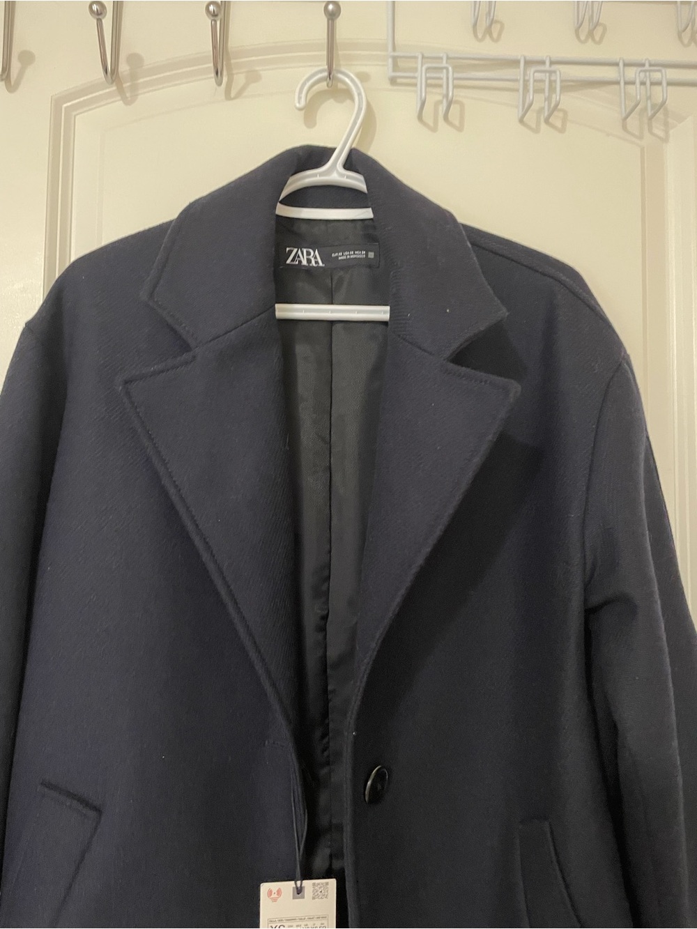 ZARA Navy Single-Breasted Wool Blend Coat - Made in Morocco
